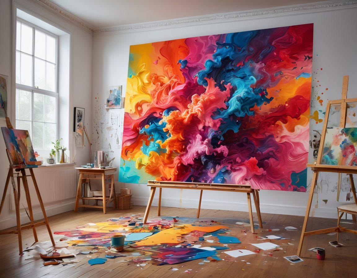 A vibrant scene depicting an artist at work, blending traditional painting with digital graphic design tools, surrounded by abstract shapes and colors symbolizing creativity. Incorporate elements of challenge, such as sketches of obstacles or puzzles on an easel, contrasting with smooth, flowing artistic elements. Bright colors and dynamic composition to illustrate the fusion of art and design. surrealistic. vibrant colors. 3D.