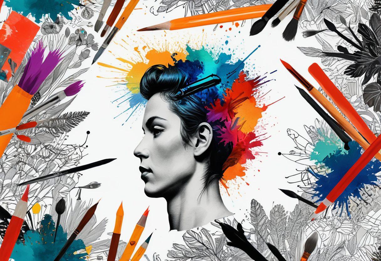 A vibrant collage of design elements showcasing a transition from classic aesthetics to modern visual storytelling, featuring artistic tools like paintbrushes and digital tablets, with sketched designs morphing into rich, immersive scenes. Include colorful patterns and textures symbolizing creativity and inspiration. super-realistic. vibrant colors. white background.